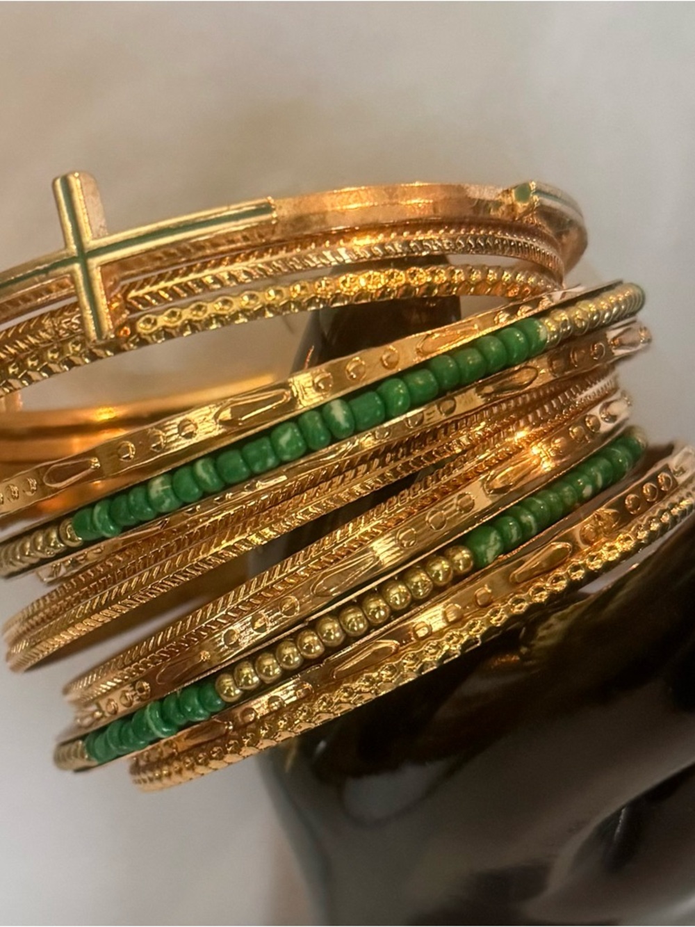 NWT Stellah Gold-tone Bangle Stack with Green Bead Accents